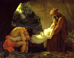 A painting of a woman being buried and a man mourning over her