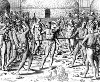 Engraving of cannibals and a captive