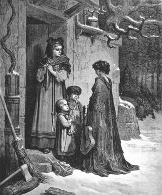 Engraving of a woman, children, and a destitute girl with a guitar