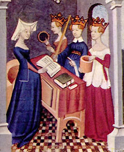 Christine with a open book and three crowned women