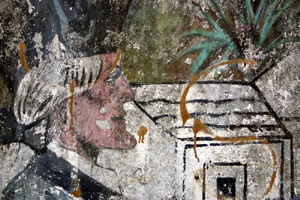 Part of a mural showing a man in a powdered wig