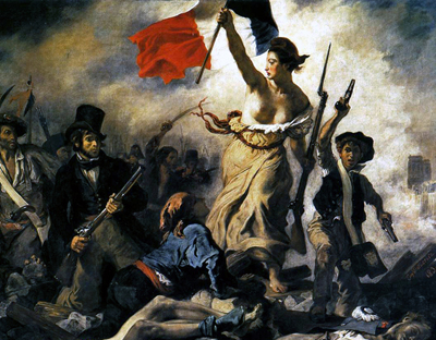 Painting of an allegorical female figure leading revolutionaries
