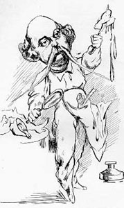 A cartoon of Flaubert with a scalpel and a heart, Madame Bovary on a table behind him