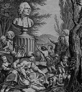 Drawing of a bust of Rousseau surrounded by Émile at different stages of childhood