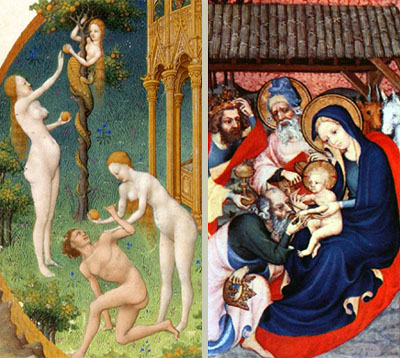 Adam and Eve (left) and Mary and the Christ Child (right)