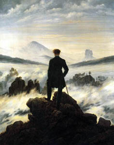 A painting of a man standing on a mountain above the mist