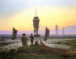A painting of people at different stages of life at a seashore