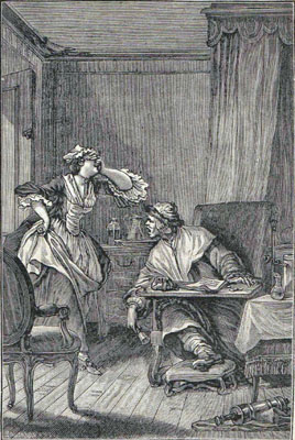 Engraving of a crying woman and an allegedly sick man