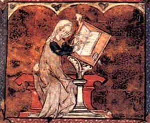 Manuscript detail of a medieval woman writing