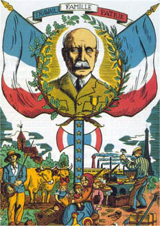 Propanganda poster showing Pétain, the motto, French flags, and happy French citizens