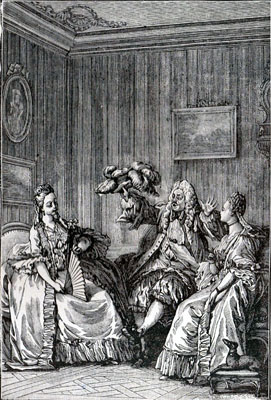 Engraving of a shocked-looking man and two women