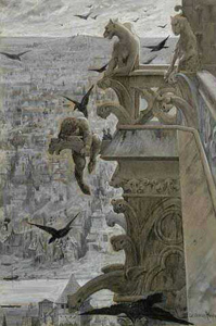 Illustration of Quasimodo clinging to Notre-Dame with Paris below him