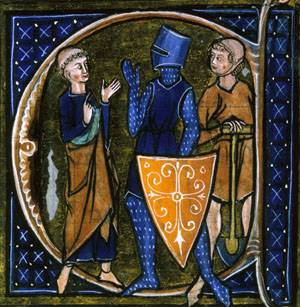Detail from a medieval manuscript showing a priest, a knight, and a peasant
