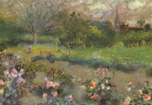 Detail from a painting of a green valley and rosebushes