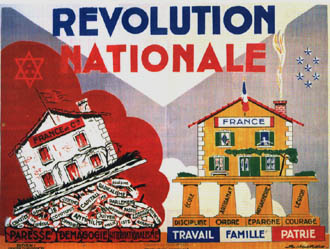 Propaganda poster titled "Revolution Nationale" showing a house in ruins and a house in order