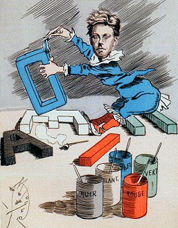 Engraved caricature of Rimbaud painting vowels