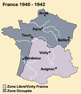 A map of World War II France showing Vichy and occupied areas